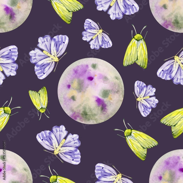 Fototapeta Seamless pattern Watercolor moon and moth, night butterfly background. Hand-drawn night luna light object sky elements space. Wallpaper., wrapping, clipart, sketchbook, design