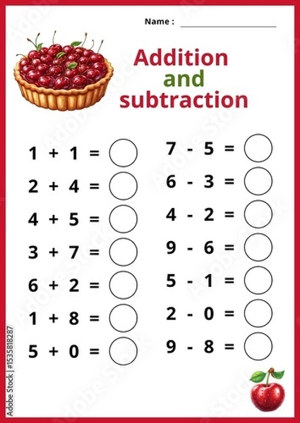 Obraz Learning Addition And Subtraction With Fruit Treats
worksheet, 
Practice Early Math Skills With A Taste Pie