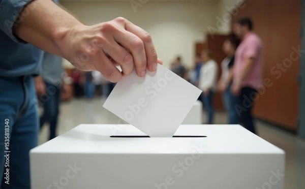 Obraz Person  putting  vote into ballot box on wooden table against Blur People In background, closeup. Space for text
