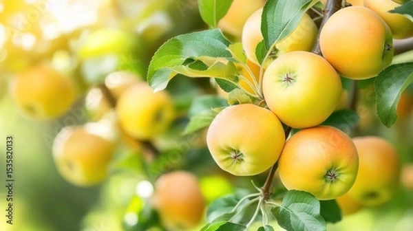 Fototapeta Ripe apples hanging from branches of a tree.
