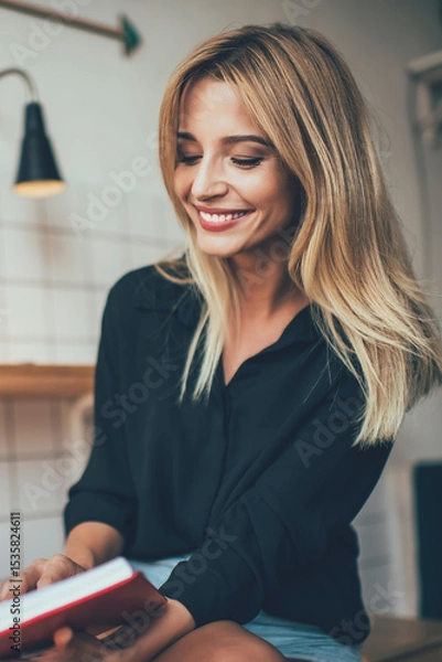 Fototapeta Charming lady in casual wear enjoying book at home