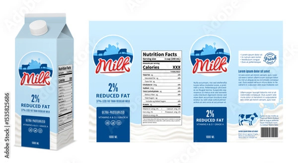 Fototapeta Vector milk blue and white carton box design. Reduced fat milk carton packaging design concept