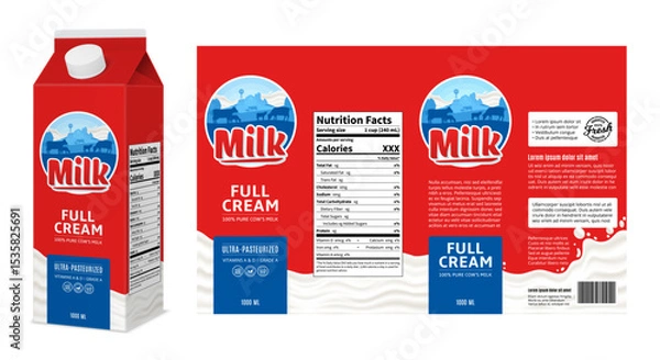 Fototapeta Vector milk red and blue carton box design. Full cream milk carton packaging design concept