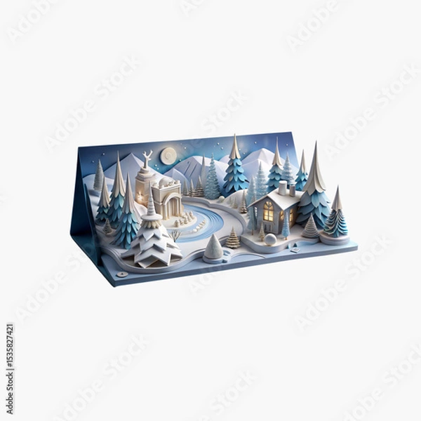 Fototapeta Winter Wonderland Paper Art Scene with Snowy Trees and Cabin