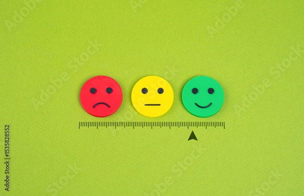 Fototapeta Satisfaction scale. Dissatisfied, indifferent, satisfied. Moods. Approval, indifference or disapproval. Mood levels, customer feedback, or approval ratings.