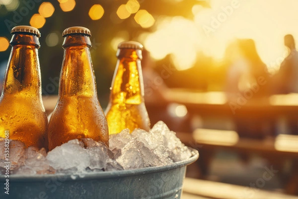 Fototapeta A weathered metal tub filled with cold beer bottles and ice creates a refreshing visual. The condensation on bottles highlights the chilled temperature, ideal for outdoor gatherings.