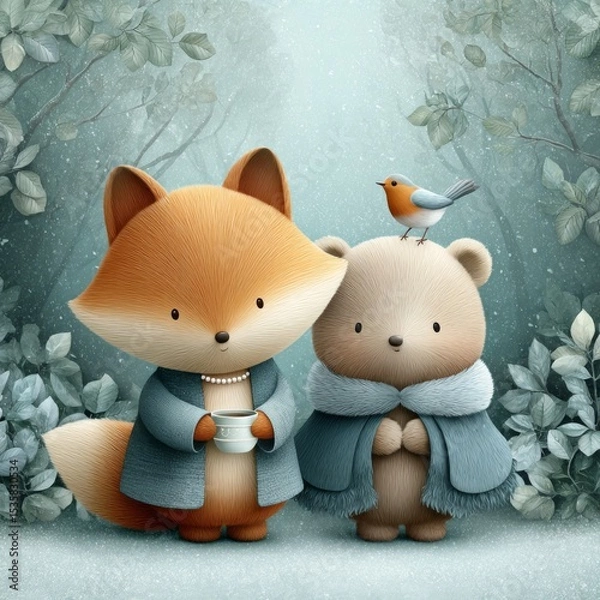 Fototapeta Friends enjoying a peaceful winter day in a snowy forest with a bird observing