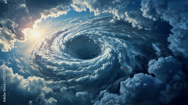 Fototapeta Swirling clouds and sunlight create a stunning vortex in the sky during a dramatic weather event