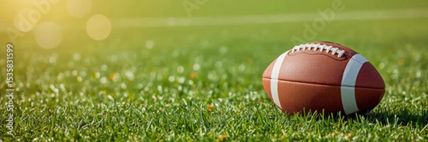 Fototapeta Football resting on the grass during a sunny afternoon at a sports field, ready for the game
