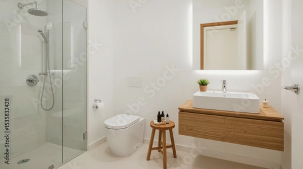 Fototapeta Modern bathroom design featuring a sleek shower and minimalist vanity in a contemporary home setting
