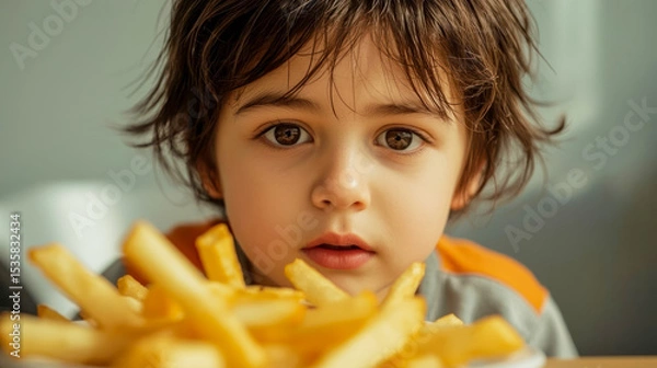 Fototapeta Young child enjoying a plate of golden fries in a cozy eatery during lunchtime