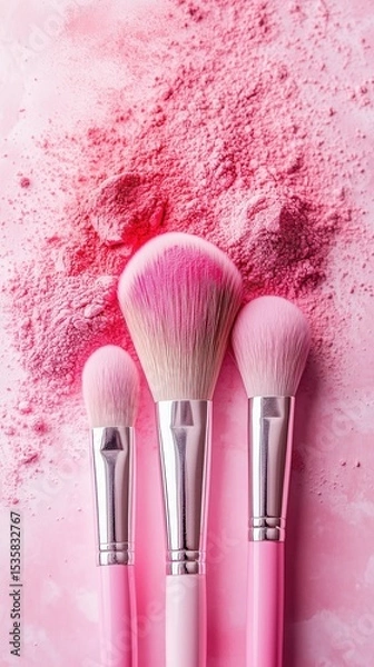 Obraz Pink makeup brushes arranged neatly over a vibrant pink powder background showcasing beauty tools for makeup application