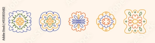 Obraz Set of Colorful Hand Drawn Floral Geometric Elements. Retro Spring Ornaments with Naive Botanical Shapes. Isolated Decorative Motifs for Stickers, Cards, Textile. Vector Illustration
