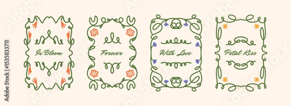 Obraz Set of Romantic Floral Card Templates with Hand Drawn Frames and Lettering. In Bloom, Forever, With Love, Petal Kiss Texts. Vintage Spring Designs with Naive Flowers. Vector Illustration