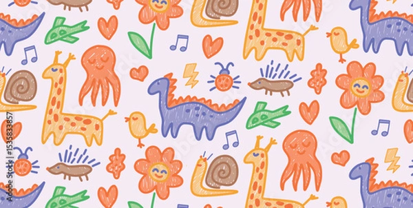 Obraz Childlike seamless pattern with giraffes and dinosaurs drawn in colored pencil style. Includes birds, flowers, snails and octopuses with playful sketchy texture. Vector illustration design.