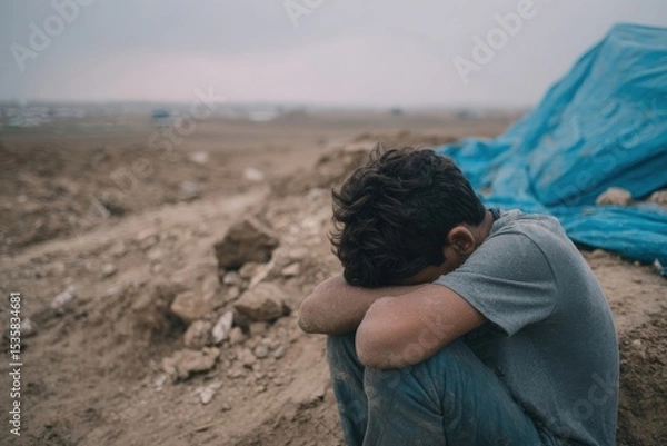 Obraz Young refugee hiding face feeling despair in makeshift camp