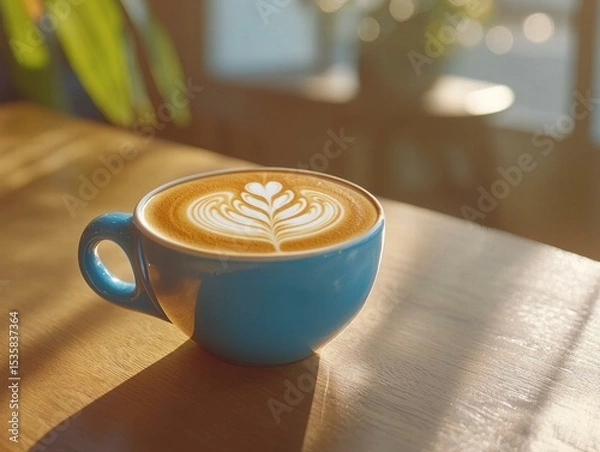 Obraz A cup of latte art coffee sits on a wooden table in the sunlight. AI.