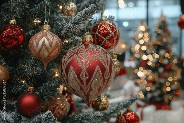 Obraz Festive ornaments hanging against a plain background. AI.