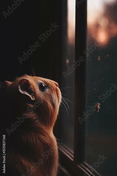 Obraz A fluffy creature gazes out a window. AI.
