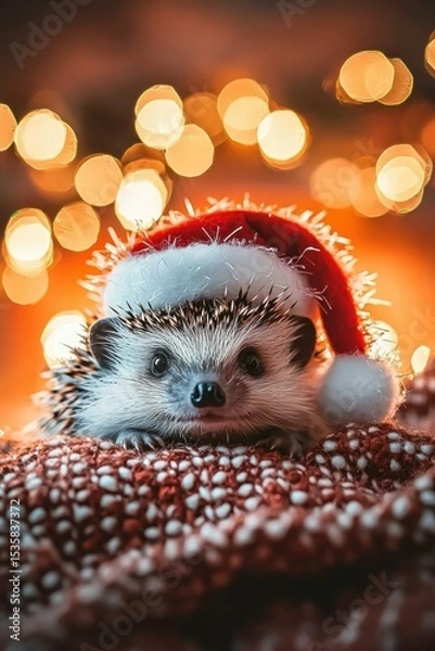 Obraz Festive hedgehog in a cozy sweater. AI.