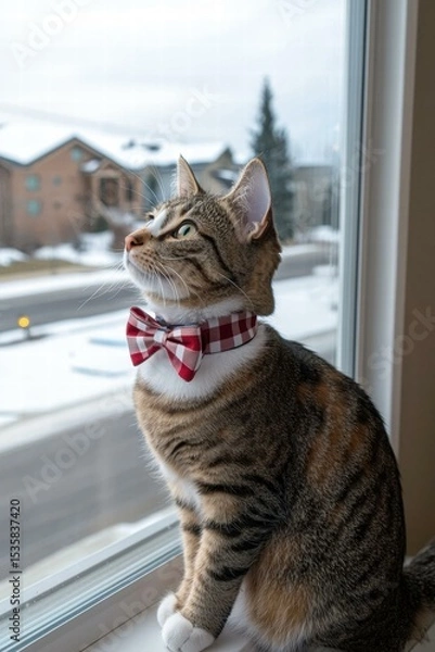 Obraz Festive cat gazing out the window. AI.