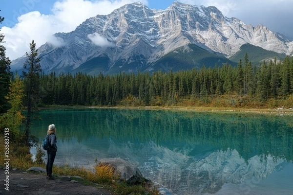 Obraz Serene mountain lake reflecting majestic peaks. AI.
