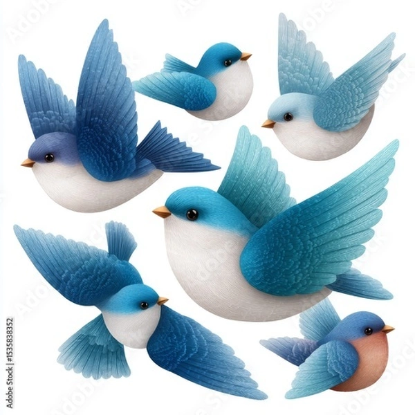 Fototapeta Colorful blue birds in various flight poses create a lively display in whimsical art design