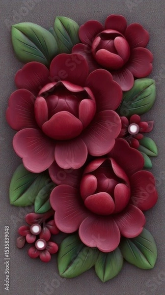 Fototapeta Beautiful red flowers with green leaves arranged in artistic layout on textured background