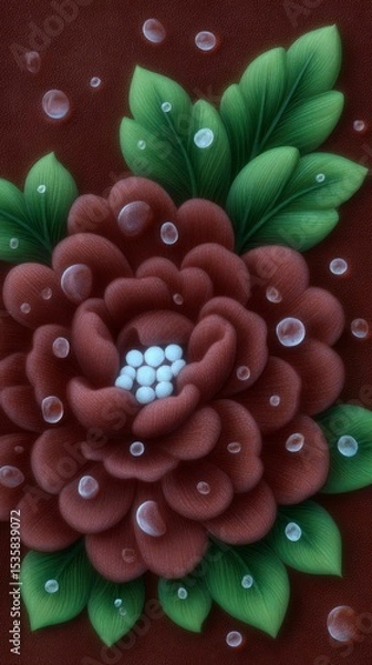 Fototapeta Beautiful red flower with water droplets on detailed green leaves in artistic design
