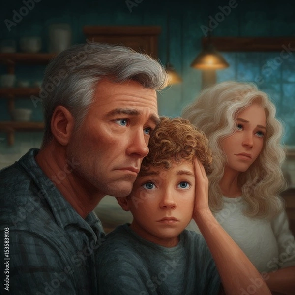Fototapeta Family showing deep emotions during a quiet evening in a cozy home