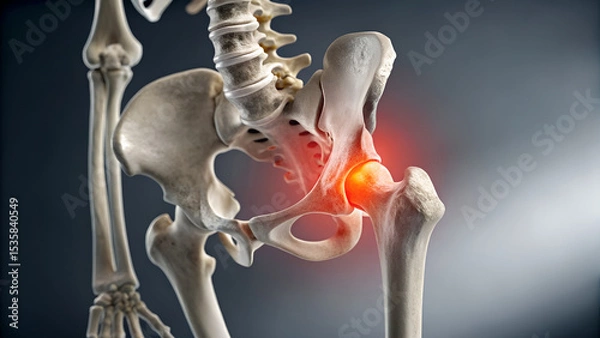 Obraz Human hip bone skeleton anatomy with highlighted joint pain and inflammation