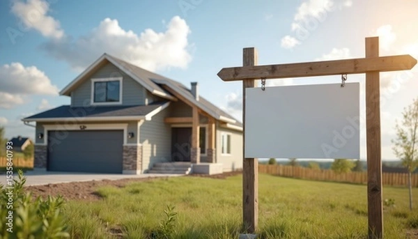 Obraz Real estate signpost with blank panel in front of new constructed house. Advertisement for property sale. Wooden sign on green grass, blue sky background. Empty space for text.