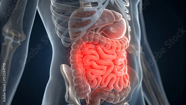 Obraz Human intestine anatomy highlighted in red within the bodys digestive system illustration
