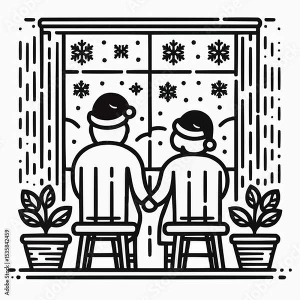 Fototapeta Illustration of an elderly couple in Santa hats holding hands by a window, enjoying the winter snowfall together
