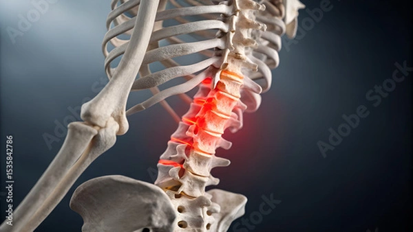 Obraz Human skeleton with spine highlighted in red showing pain or inflammation