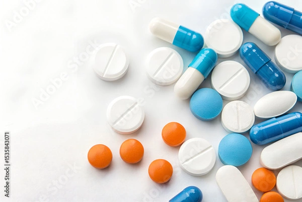 Obraz Various colorful pills and capsules isolated on white background