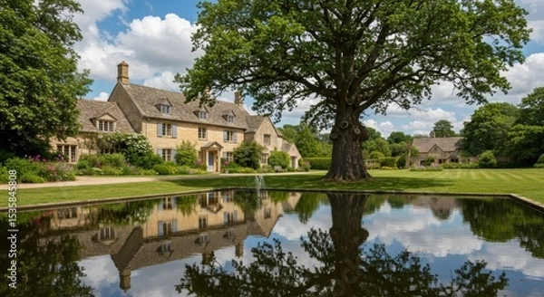 Fototapeta Architectural view of an old manor house nestled in the scenic landscape of The Cotswolds, surrounded by rolling green hills, quaint stone cottages, and a large garden with tall oak trees.