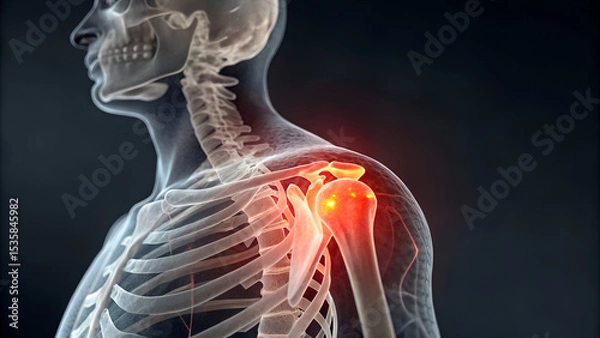 Obraz Human shoulder joint highlighted in red showing pain and inflammation on skeleton