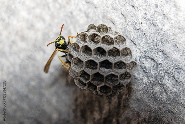 Fototapeta A wasp lays eggs in a nest
