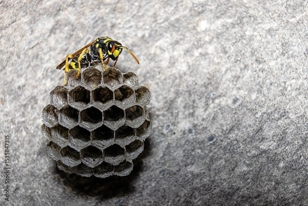 Fototapeta A wasp lays eggs in a nest
