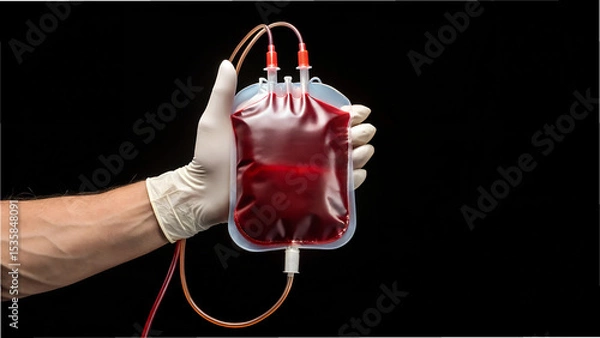 Obraz Gloved hand holds a bag of blood for donation isolated on black background