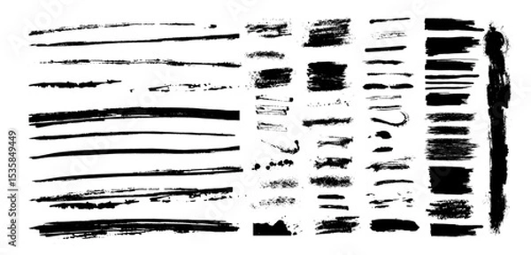 Obraz Collection of paint brush stroke, ink splatter, grunge line, artistic design elements. Dirty overlay, watercolor splash, black silhouette. Social media business banner art. hand drawn. Not AI Vector