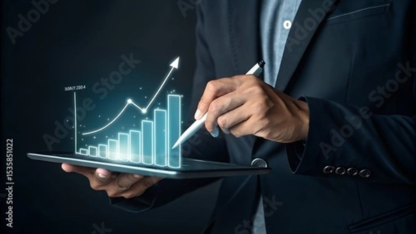 Fototapeta business man analyzing digital financial charts and growth trends on a tablet, highlighting the role of technology and data analysis in modern market research and business planning strategies.