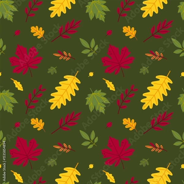 Fototapeta Seamless pattern of autumn leaves from different trees, ash, birch, oak, maple, chestnut. Flat vector style