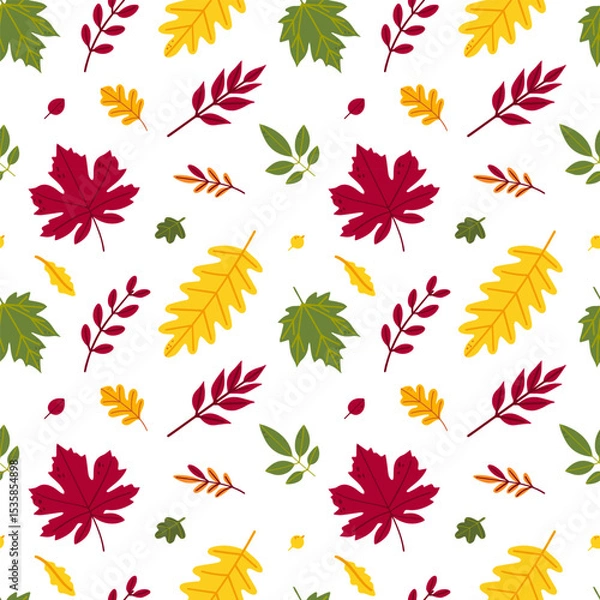 Fototapeta Seamless pattern of autumn leaves from different trees, ash, birch, oak, maple, chestnut. Flat vector style