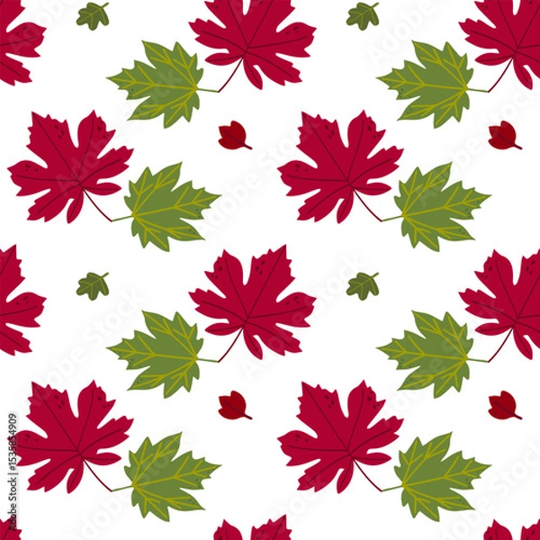 Fototapeta Seamless pattern of autumn leaves from different trees, ash, birch, oak, maple, chestnut. Flat vector style