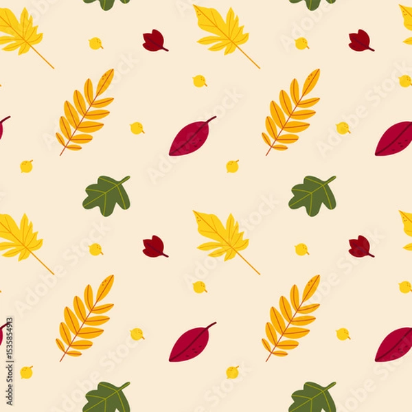 Fototapeta Seamless pattern of autumn leaves from different trees, ash, birch, oak, maple, chestnut. Flat vector style