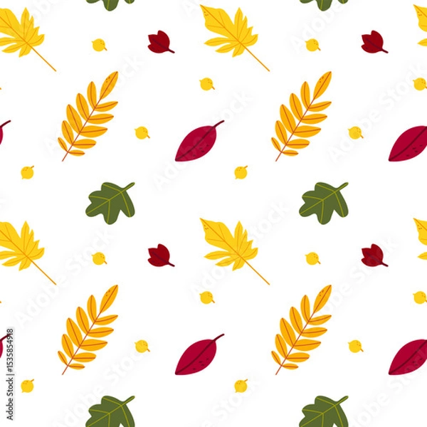 Fototapeta Seamless pattern of autumn leaves from different trees, ash, birch, oak, maple, chestnut. Flat vector style