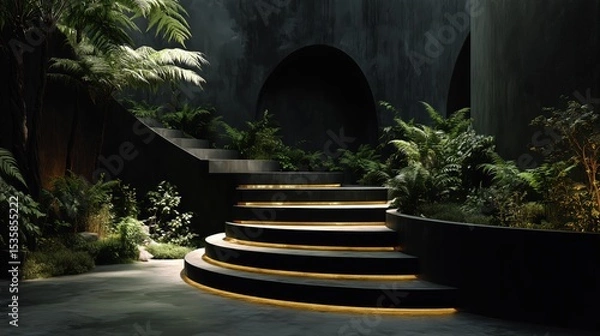 Obraz Modern Staircase, Elegant Lighting, Greenery Decor
