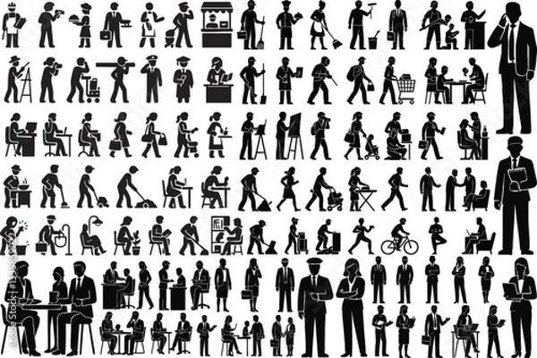 Fototapeta Professionals and Daily Life Silhouettes Work & Routine Activity Vector Collection
